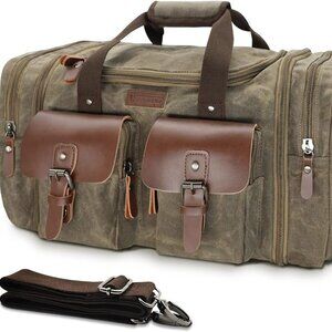 Duffle Bag for Travel, 50L Waterproof Waxed‎ Canvas Genuine Leather Weekender